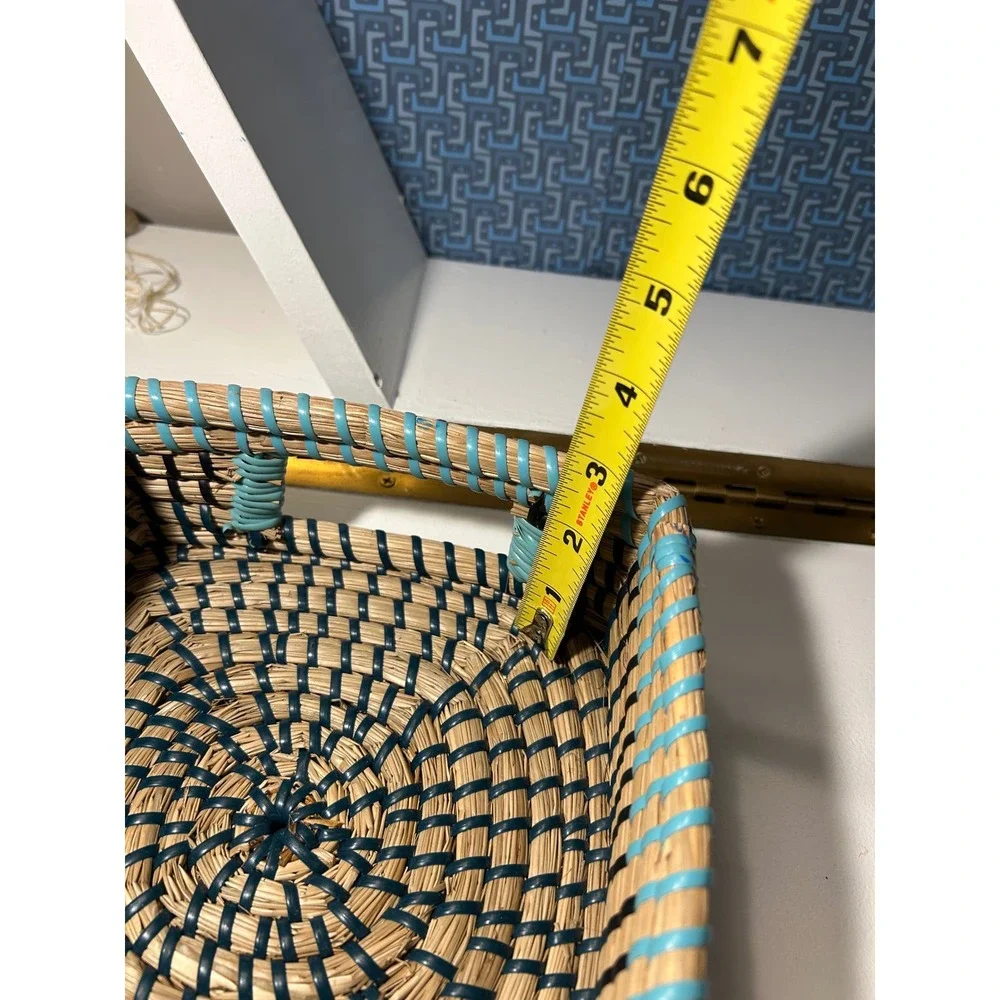 Handwoven Square‎ Seagrass Basket Turquoise Navy Blue Spiral Decorative Tray
